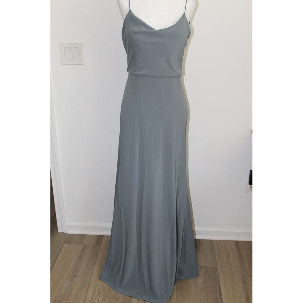Jenny Yoo Cowl Neck Spaghetti Strap Maxi Gown Slate‎ Blue Gray Size 8 Dress